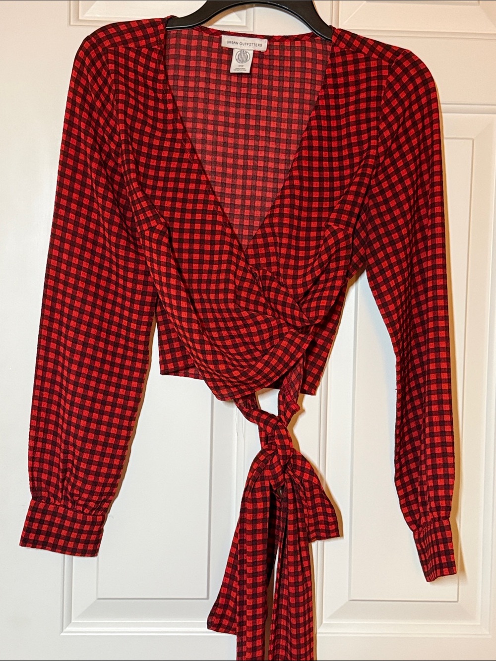 Urban Outfitters Red and Black Plaid Wrap Tie-Front Blouse